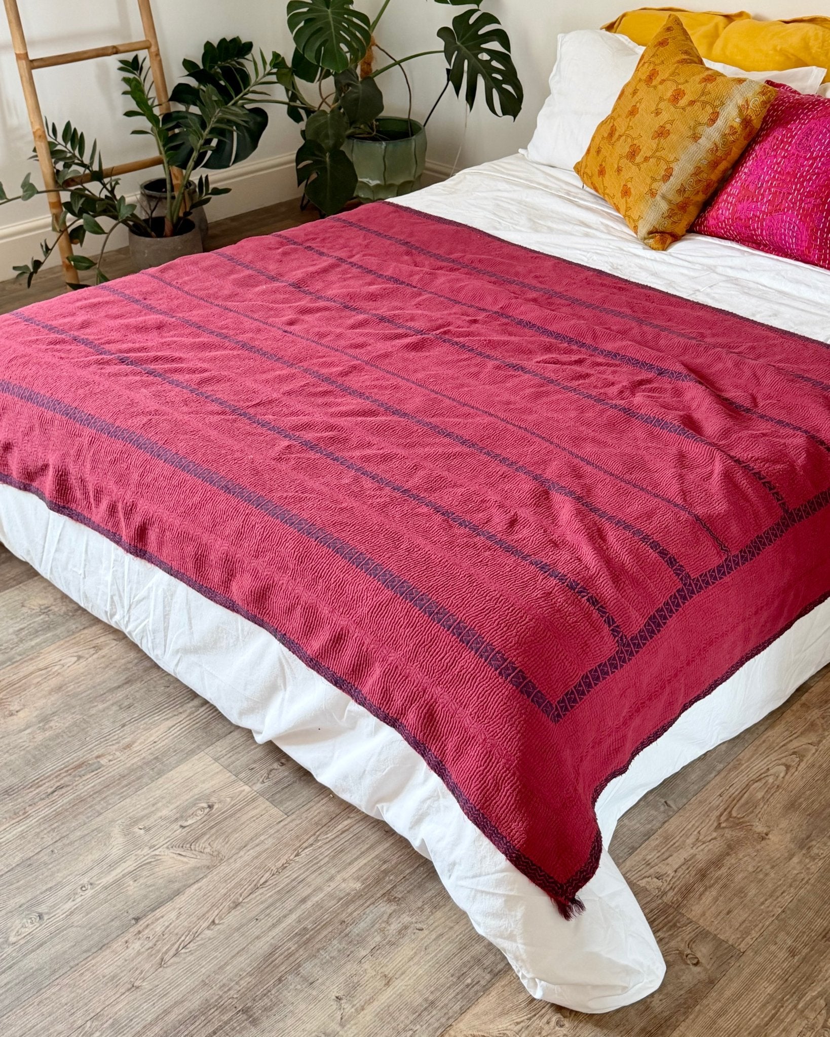 Fine Stitched Embroidered Vintage Kantha Quilt in Deep Plum Red - Biggs & Hill
