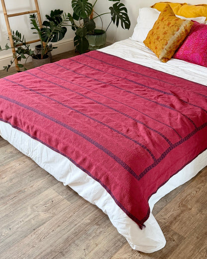 Fine Stitched Embroidered Vintage Kantha Quilt in Deep Plum Red - Biggs & Hill