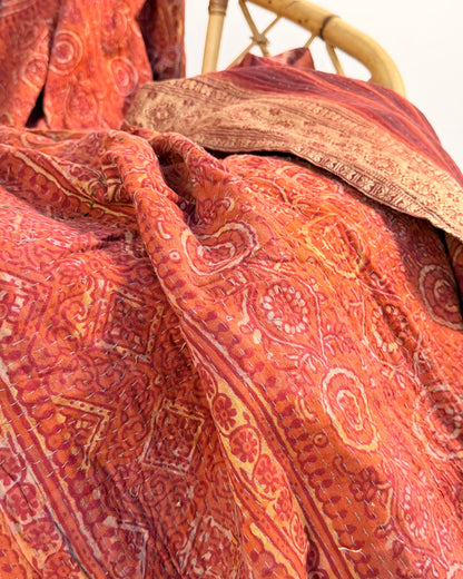 Extra Large Ajrakh Printed Vintage Kantha Quilt In Deep Red