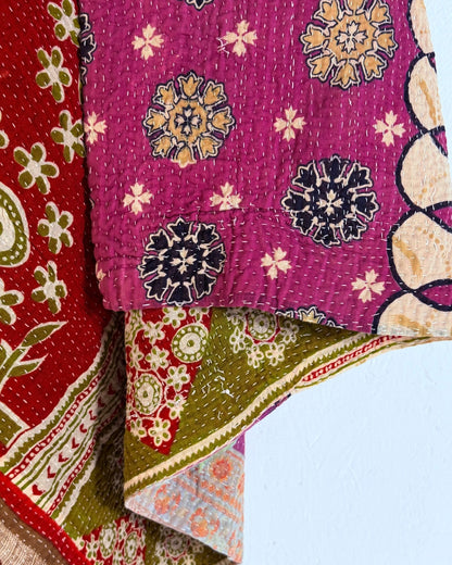 Large Fine Stitched Vintage Kantha Quilt in Pink, Green and Purple Florals - Biggs & Hill