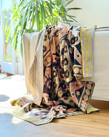 Large Textured Vintage Kantha Quilt In Geometric Peach and Black - Biggs & Hill