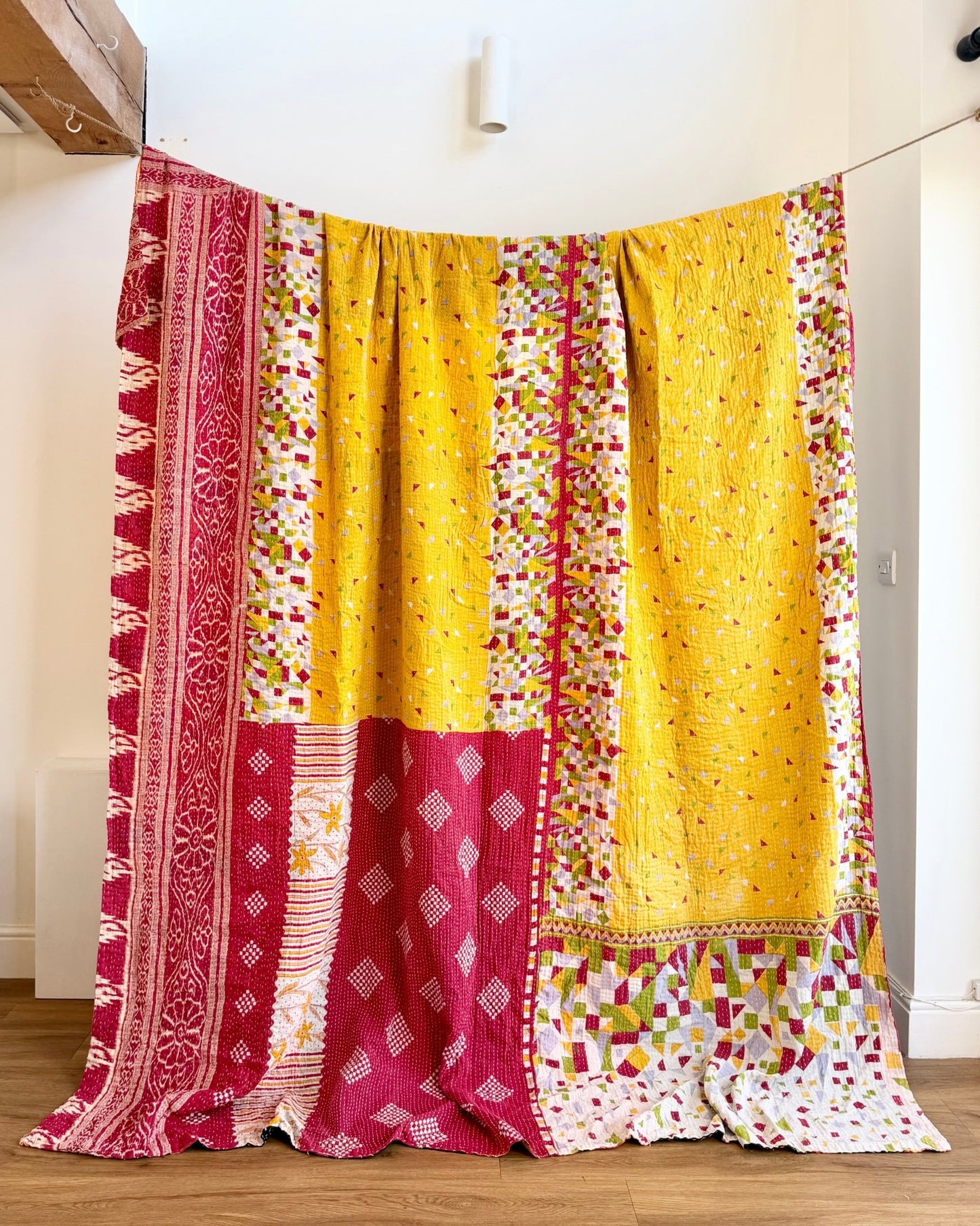 Super King Vintage Kantha Quilt in Orange, Black and Yellow - Biggs & Hill