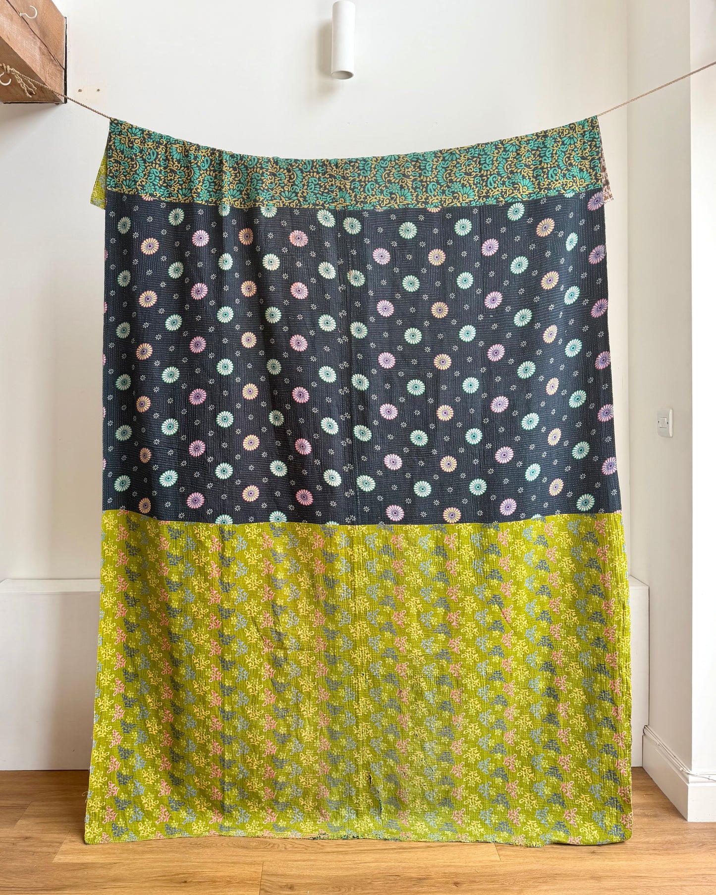 Extra Large Fine Stitched Vintage Kantha Quilt in Vibrant Green and Blue