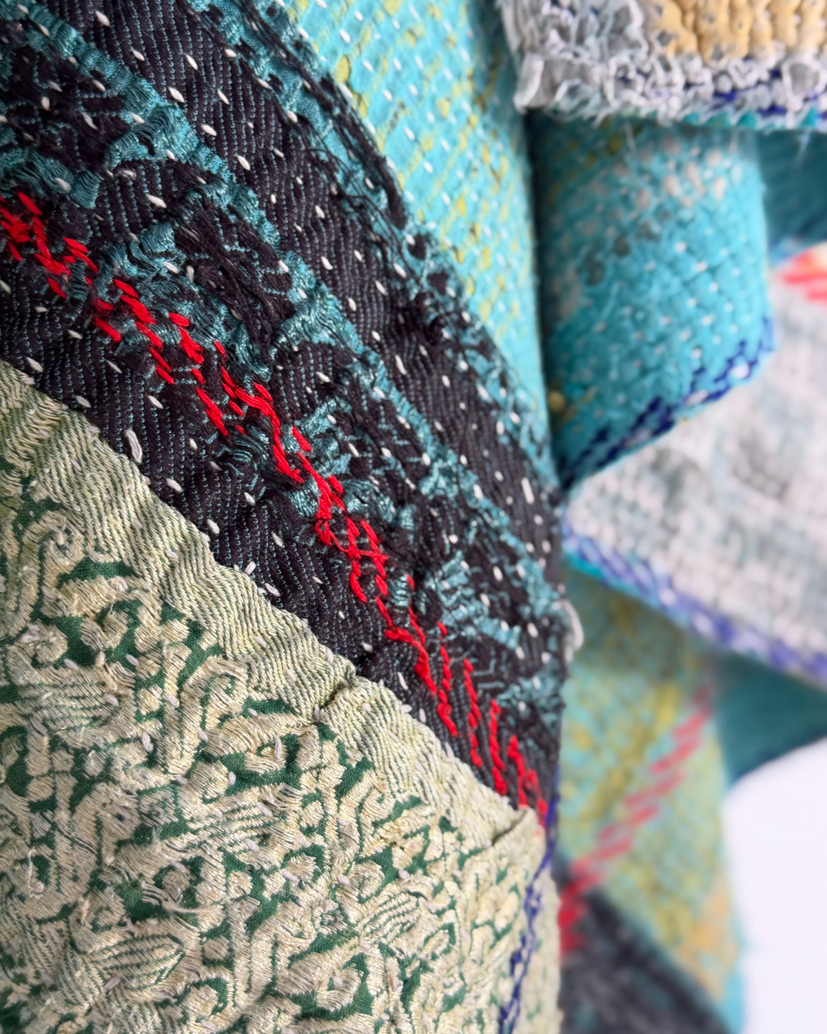 Extra Large Fine Stitched Embroidered Vintage Kantha Quilt in Green, Blue and Terracotta