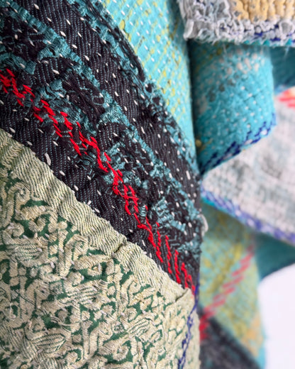 Extra Large Fine Stitched Embroidered Vintage Kantha Quilt in Green, Blue and Terracotta