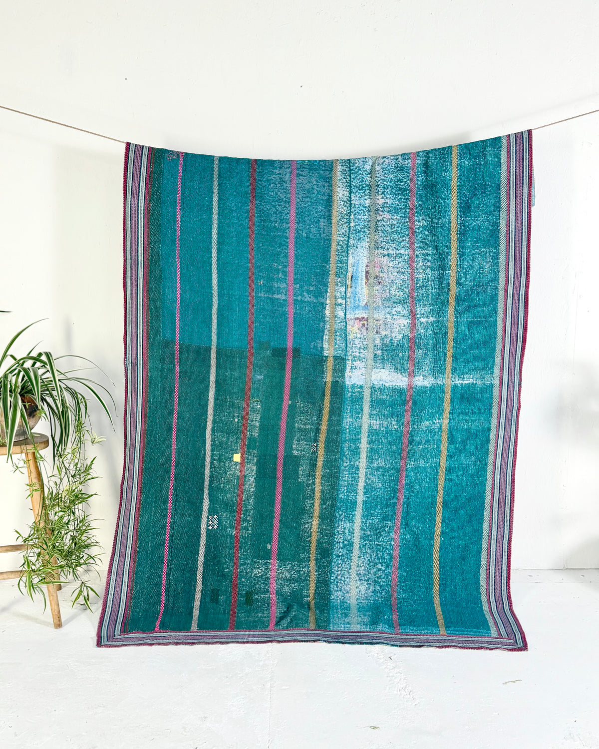 Extra Large Heavy Embroidered Vintage Kantha Quilt in Green and Blue