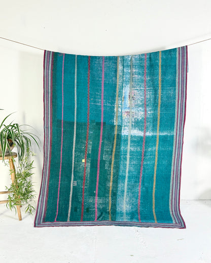 Extra Large Heavy Embroidered Vintage Kantha Quilt in Green and Blue