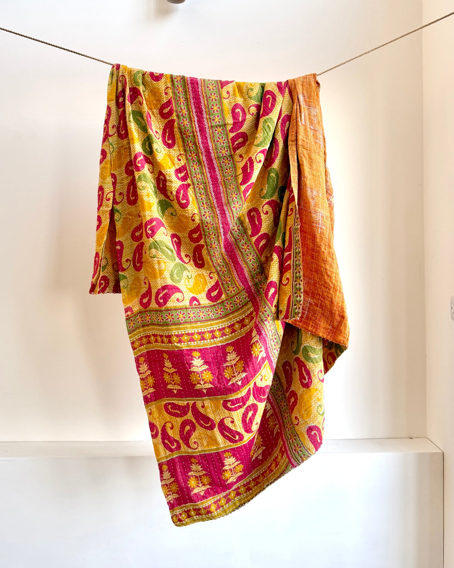 Vintage Cotton Kantha Quilt In Yellow And Pink #39