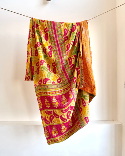 Vintage Cotton Kantha Quilt In Yellow And Pink #39