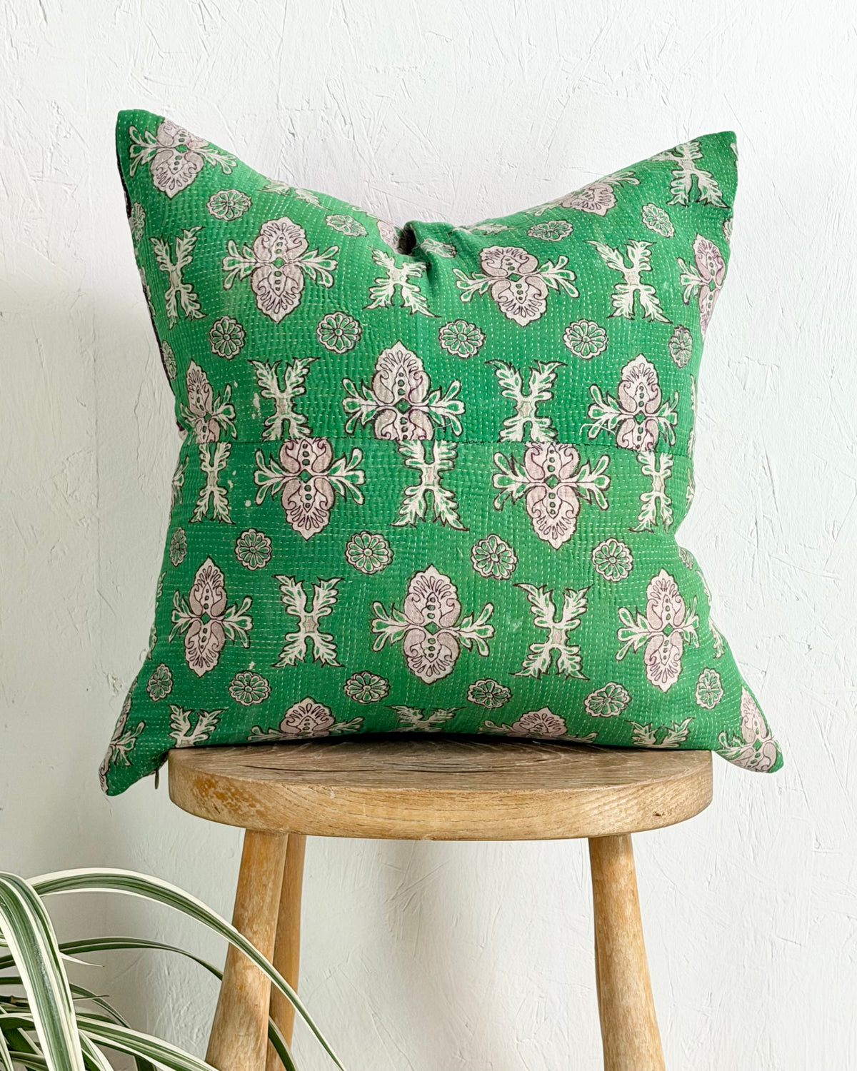 Handmade Vintage Kantha Cushion Cover In Green and Purple- 45cm (18") Square