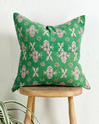 Handmade Vintage Kantha Cushion Cover In Green and Purple- 45cm (18") Square