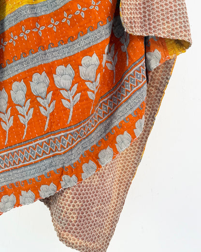 Vintage Cotton Kantha Quilt In Orange, Yellow and Brown #51