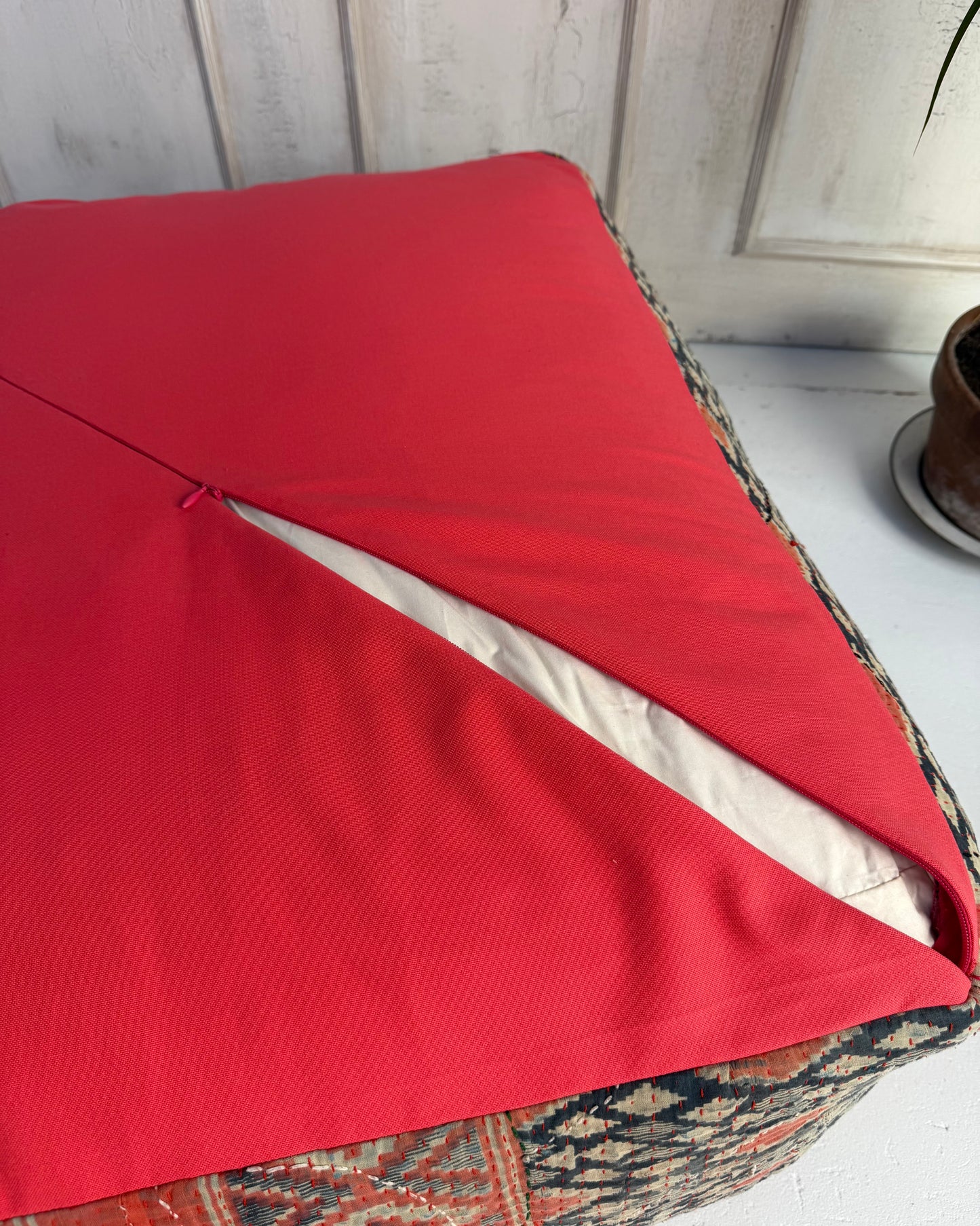 Extra Large Square Kantha Pouf Cushion Cover With Red and Navy Block Print