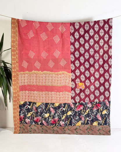 Large Fine Stitched Vintage Kantha Quilt in Pinks, Burgundy and Yelllows - Biggs & Hill