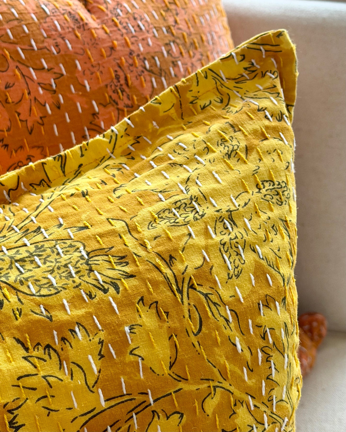 Sunshine Yellow Floral Block Printed Hand Stitched Square Kantha Cushion