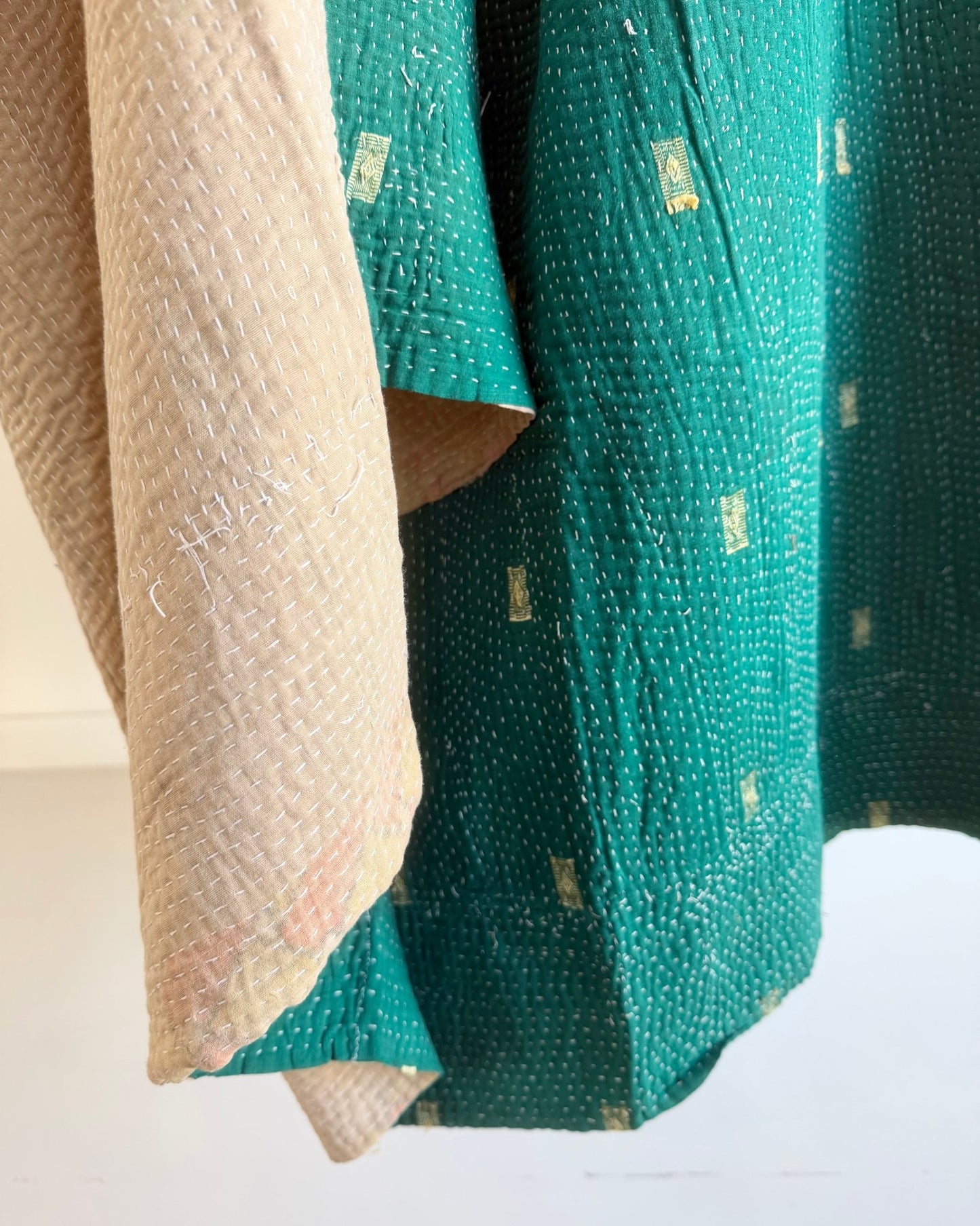 Project Kantha Quilt: Emerald Green and Beige - Biggs & Hill