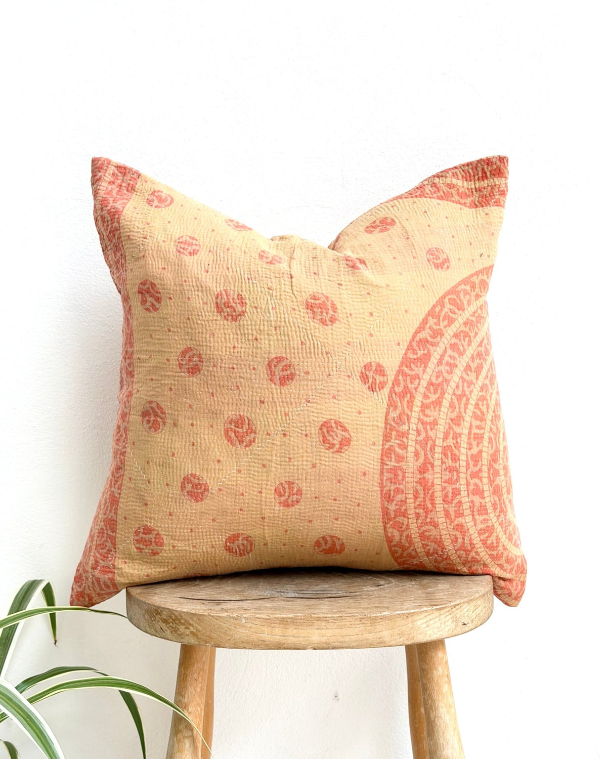 Handmade Vintage Kantha Cushion Cover In Beige and Orange- 45cm (18") Square - Biggs & Hill