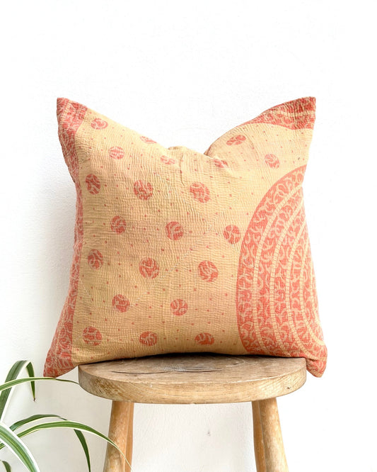 Handmade Vintage Kantha Cushion Cover In Beige and Orange- 45cm (18") Square - Biggs & Hill