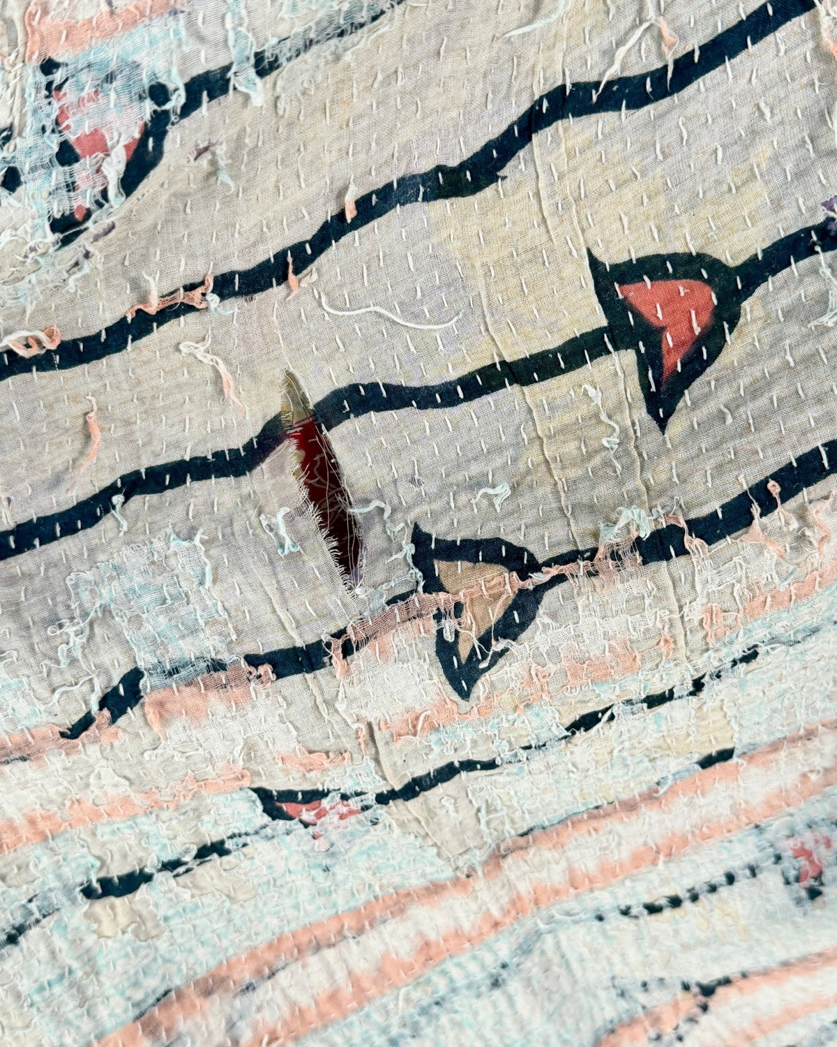Project Kantha Quilt: Peachy Pink and Blue Geometrics - Biggs & Hill