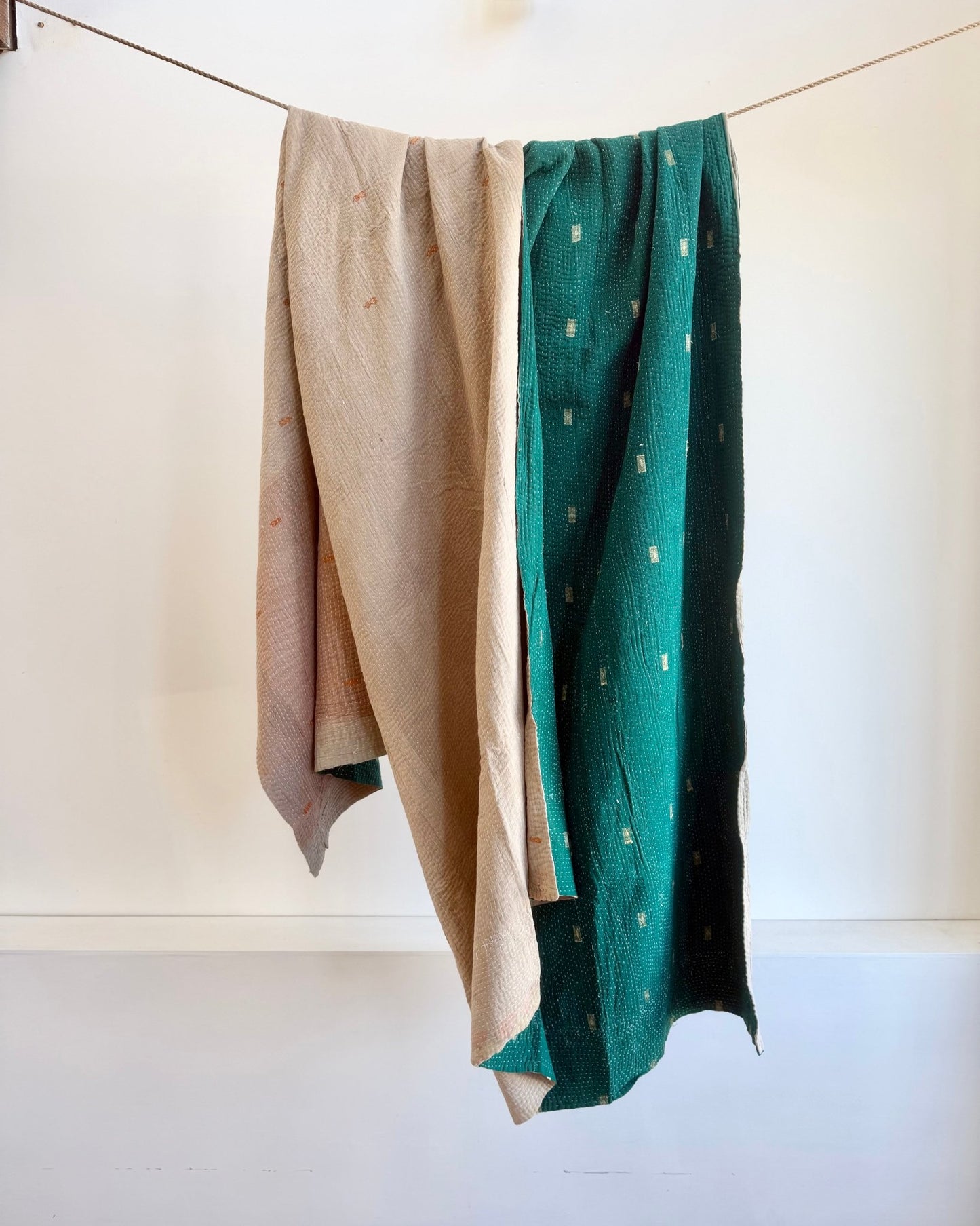 Project Kantha Quilt: Emerald Green and Beige - Biggs & Hill