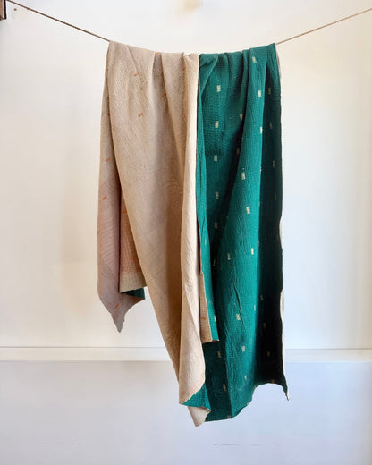 Project Kantha Quilt: Emerald Green and Beige - Biggs & Hill