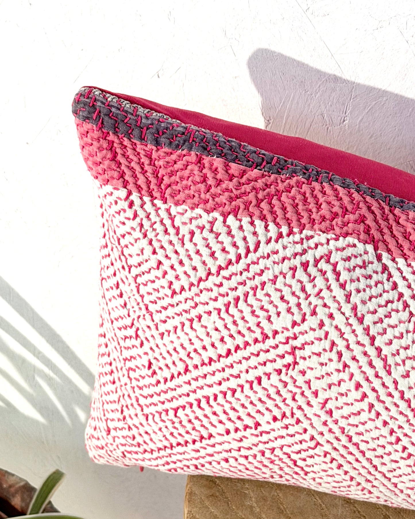 Vintage Kantha Cushion Cover In Pink and Purple - Small Rectangular