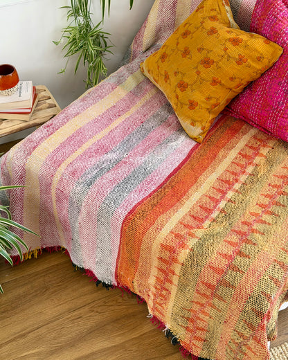 Heavy Kantha Blanket Quilt in Pink and Orange Stripe