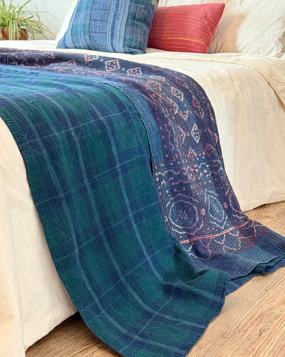 Ajrak Printed Vintage Kantha Quilt In Deep Blue - Biggs & Hill