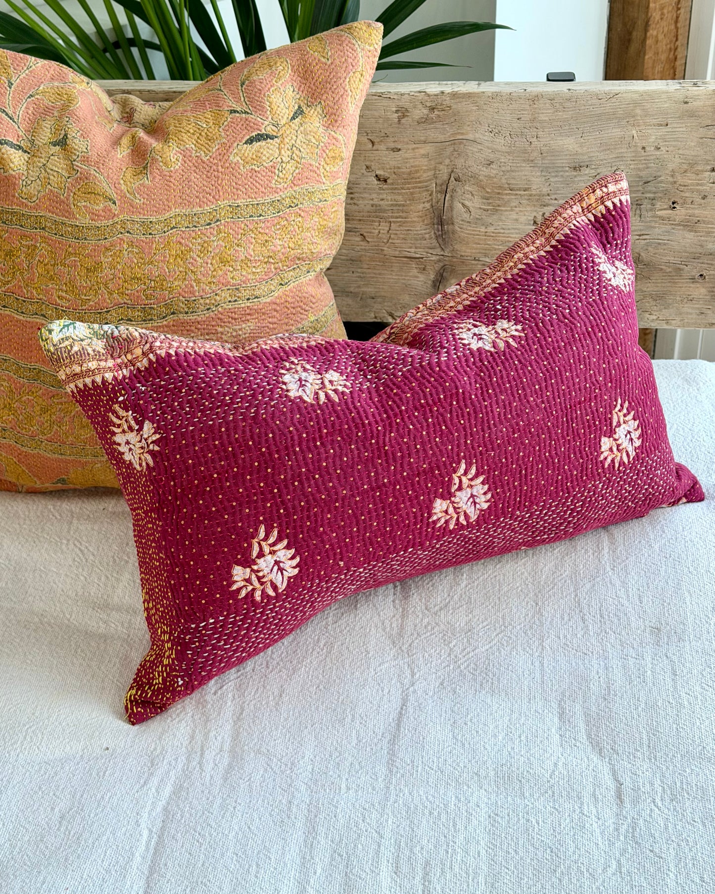 Vintage Kantha Cushion In Burgundy and Gold - Small Rectangular