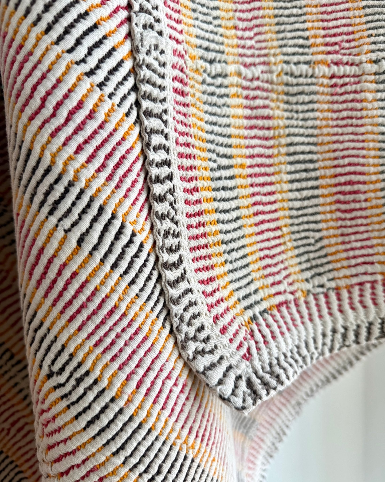 Small Heavy Vintage Lohori Kantha Quilt in Pink and Yellow Stripes - Biggs & Hill