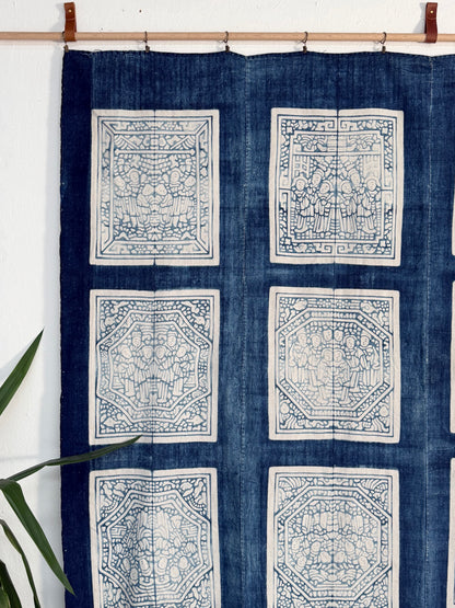 Vintage Chinese Blue Jiaxie Wedding Quilt Face – Drama Pattern