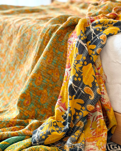 Extra Large Large Fine Stitched Vintage Kantha Quilt in Orange and Navy Blue