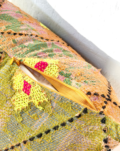 Vintage Kantha Cushion Cover In Textured Orange and Green - 50cm Square