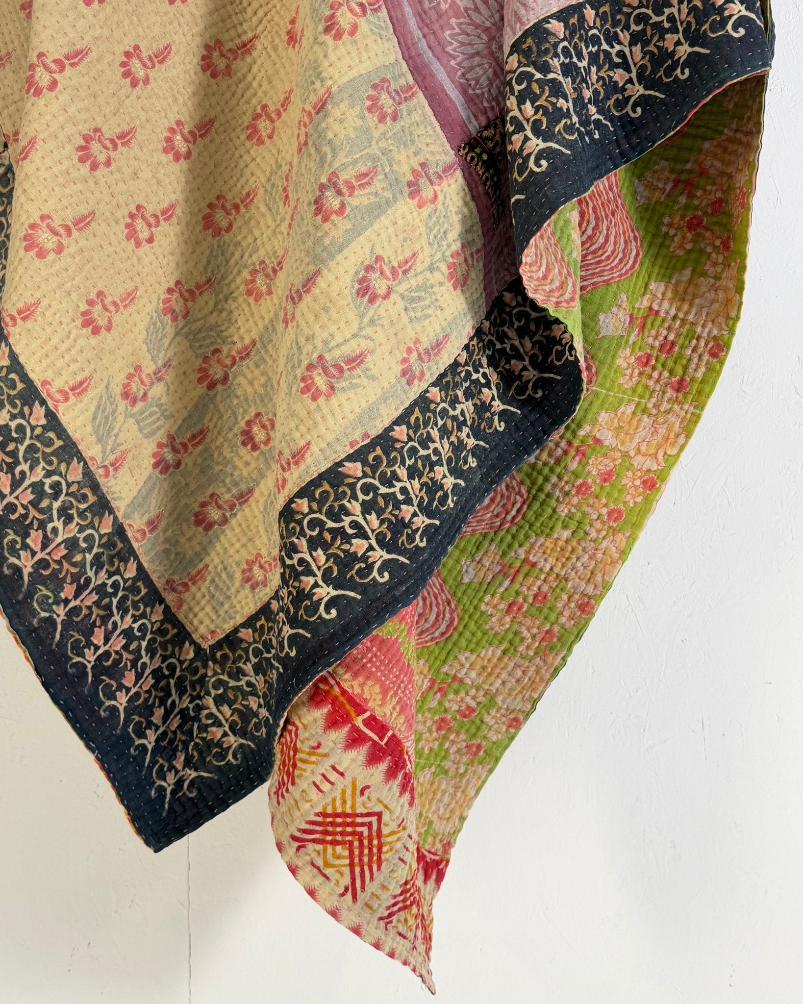 Large Fine Stitched Vintage Kantha Quilt in Orange, Green, Lilac and Yellow - Biggs & Hill