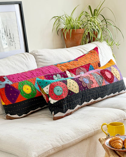 Reversible Patchwork Hand Stitched Bolster Cushion 04 - Large 100cm - Biggs & Hill
