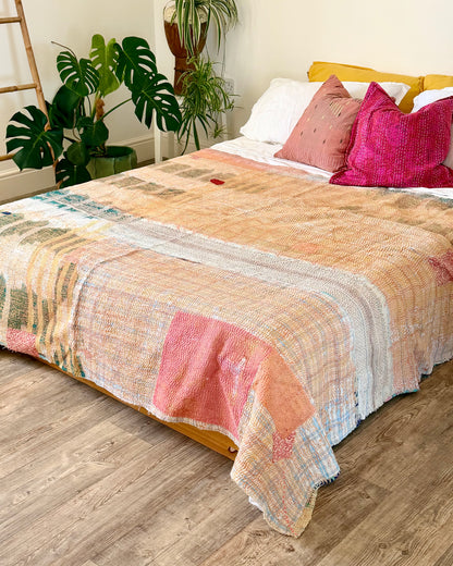 Large Textured Vintage Kantha Quilt in Pastel Pink and Blue