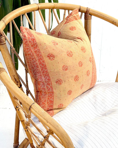 Handmade Vintage Kantha Cushion Cover In Beige and Orange- 45cm (18") Square - Biggs & Hill
