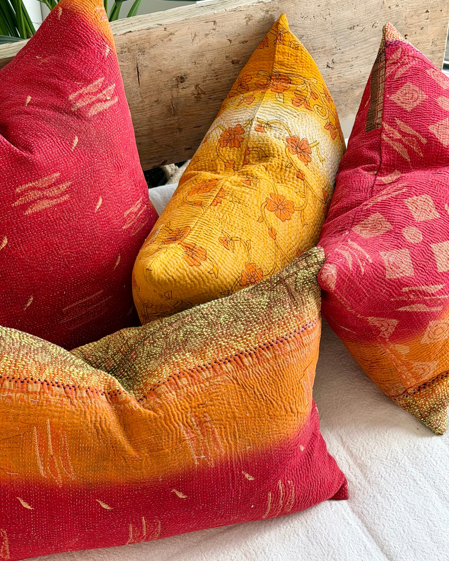 Vintage Kantha Cushion In Red Orange and Green - Small Rectangular