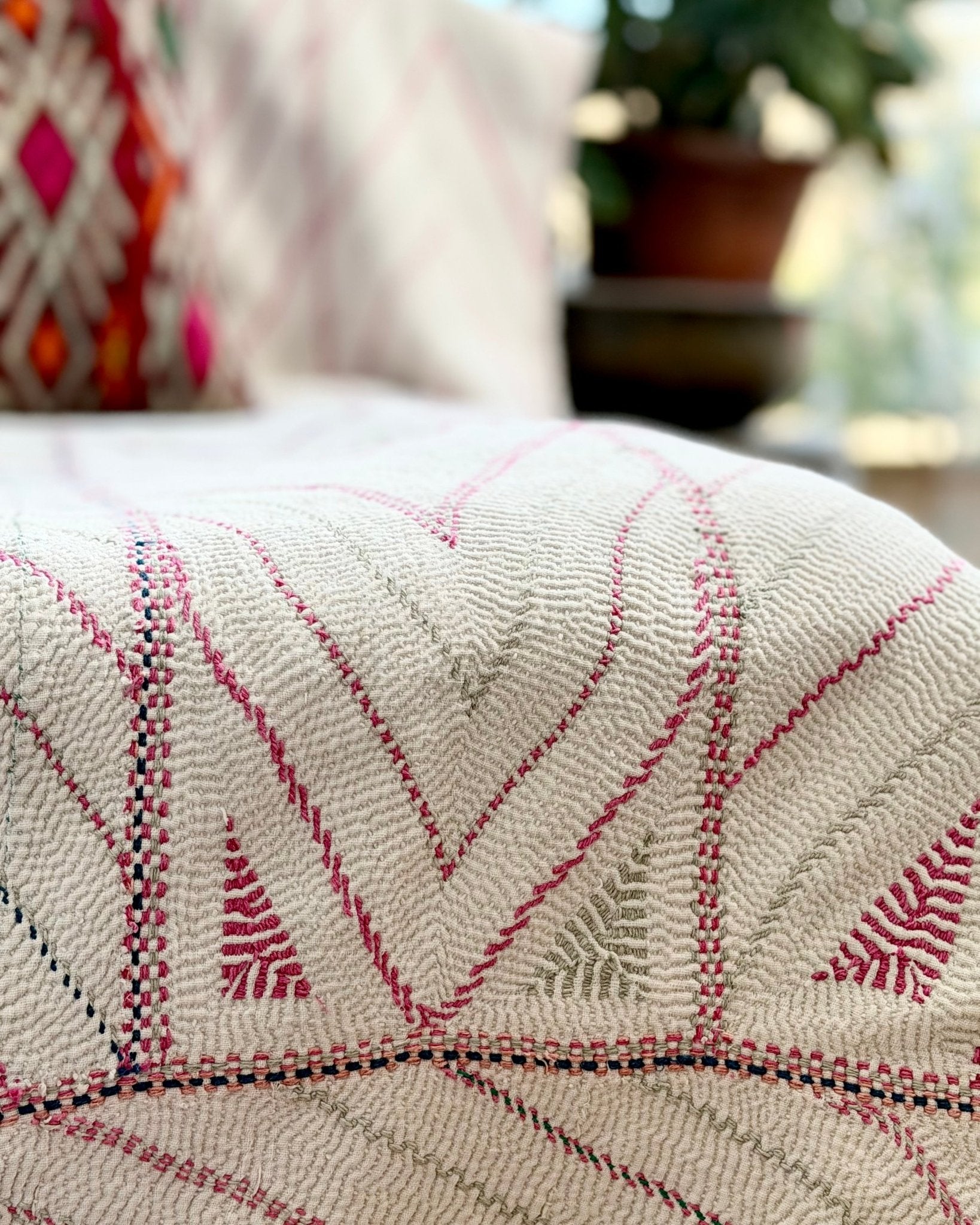 Large Antique Hand Embroidered White Nakshi Kantha From Bengal - Biggs & Hill