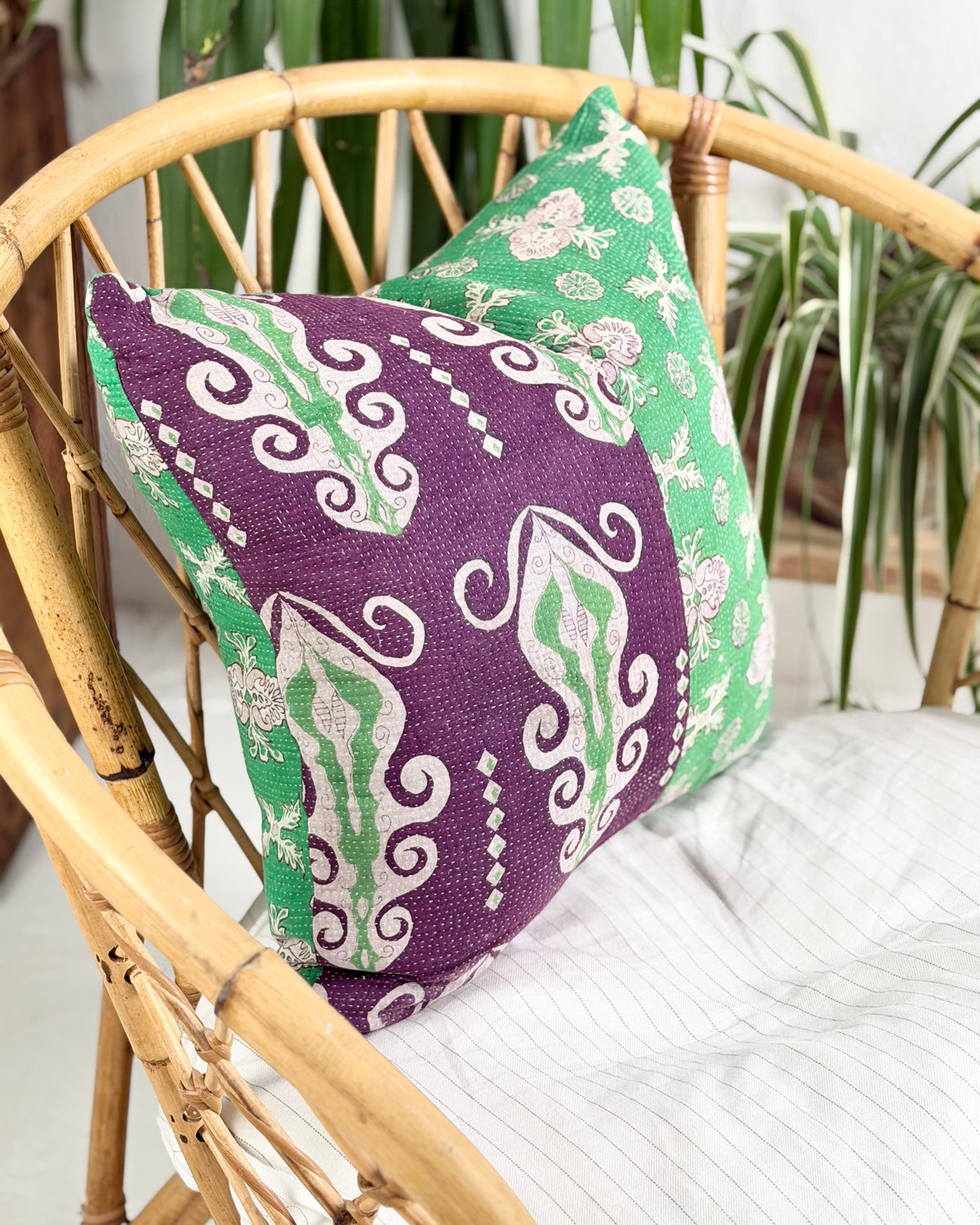 Handmade Vintage Kantha Cushion Cover In Green and Purple - 45cm (18") Square