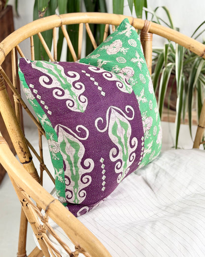 Handmade Vintage Kantha Cushion Cover In Green and Purple - 45cm (18") Square
