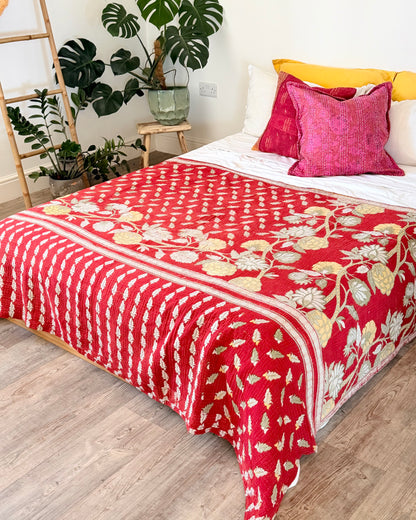 Large Fine Stitched Vintage Kantha Quilt in Pink, Red and Yellow
