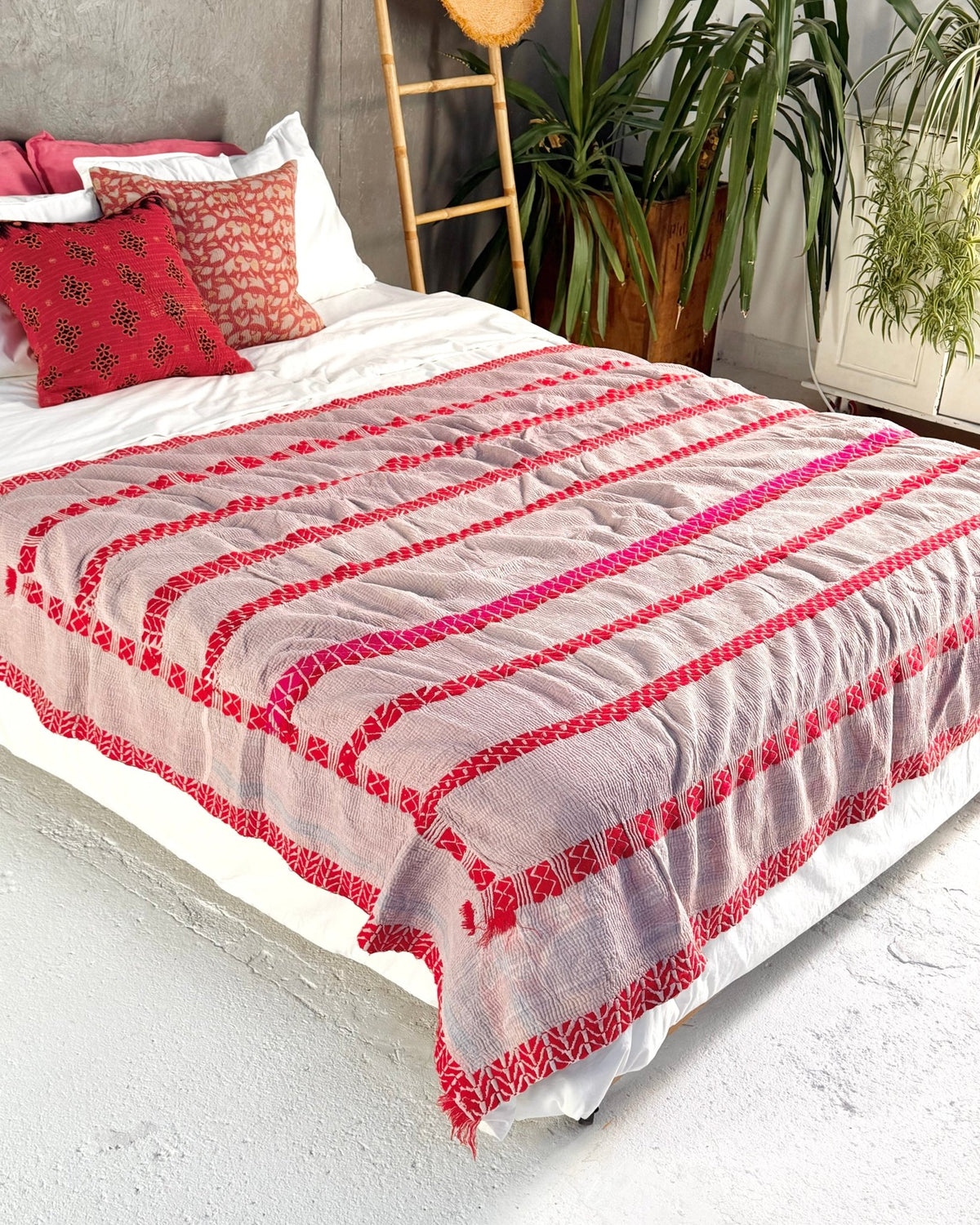 Embroidered Vintage Kantha Quilt in Red and Lilac - Biggs & Hill