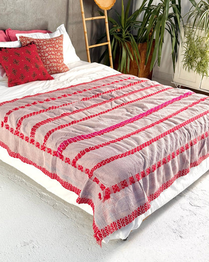 Embroidered Vintage Kantha Quilt in Red and Lilac - Biggs & Hill