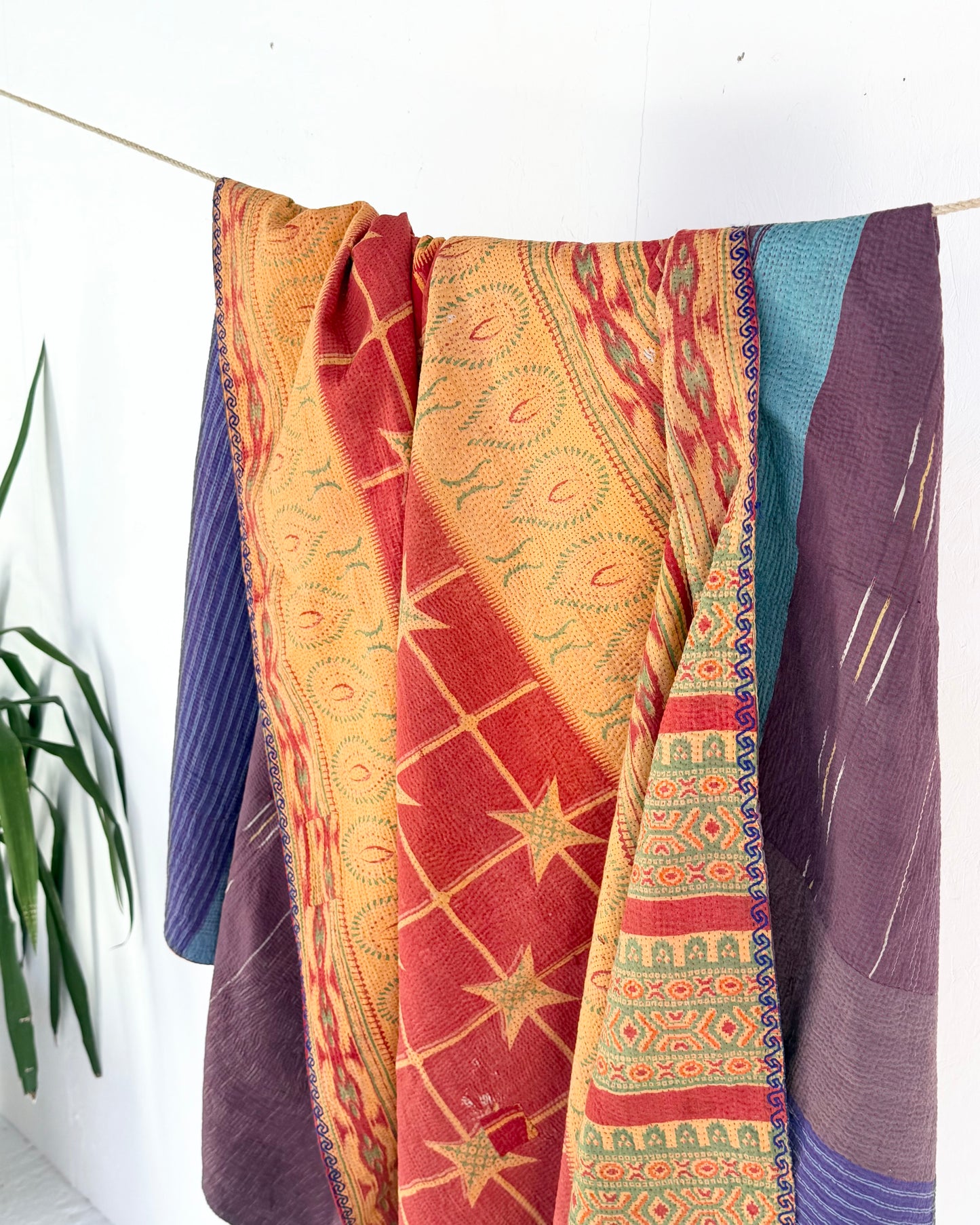 Extra Large Fine Stitched Vintage Kantha Quilt in Mustard Yellow, Red and Blue