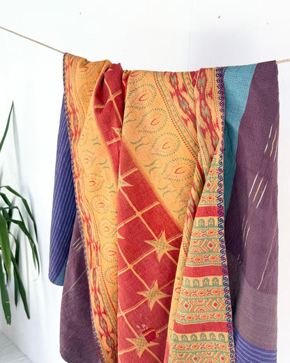 Extra Large Fine Stitched Vintage Kantha Quilt in Mustard Yellow, Red and Blue