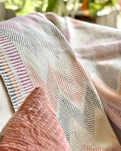 Heavy Vintage Lohori Kantha Quilt in Pink and Yellow Zig Zags - Biggs & Hill
