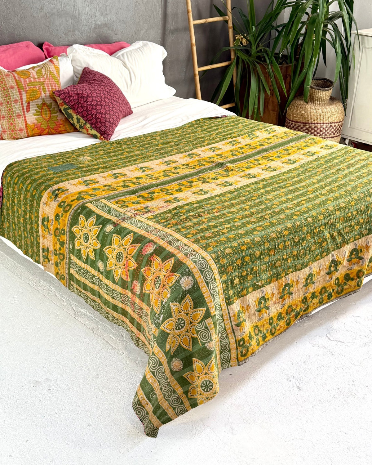 Large Fine Stitched Vintage Kantha Quilt in Bright Pink and Green - Biggs & Hill