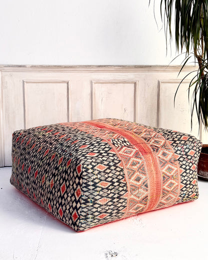 Extra Large Square Kantha Pouf Cushion Cover With Red and Navy Block Print