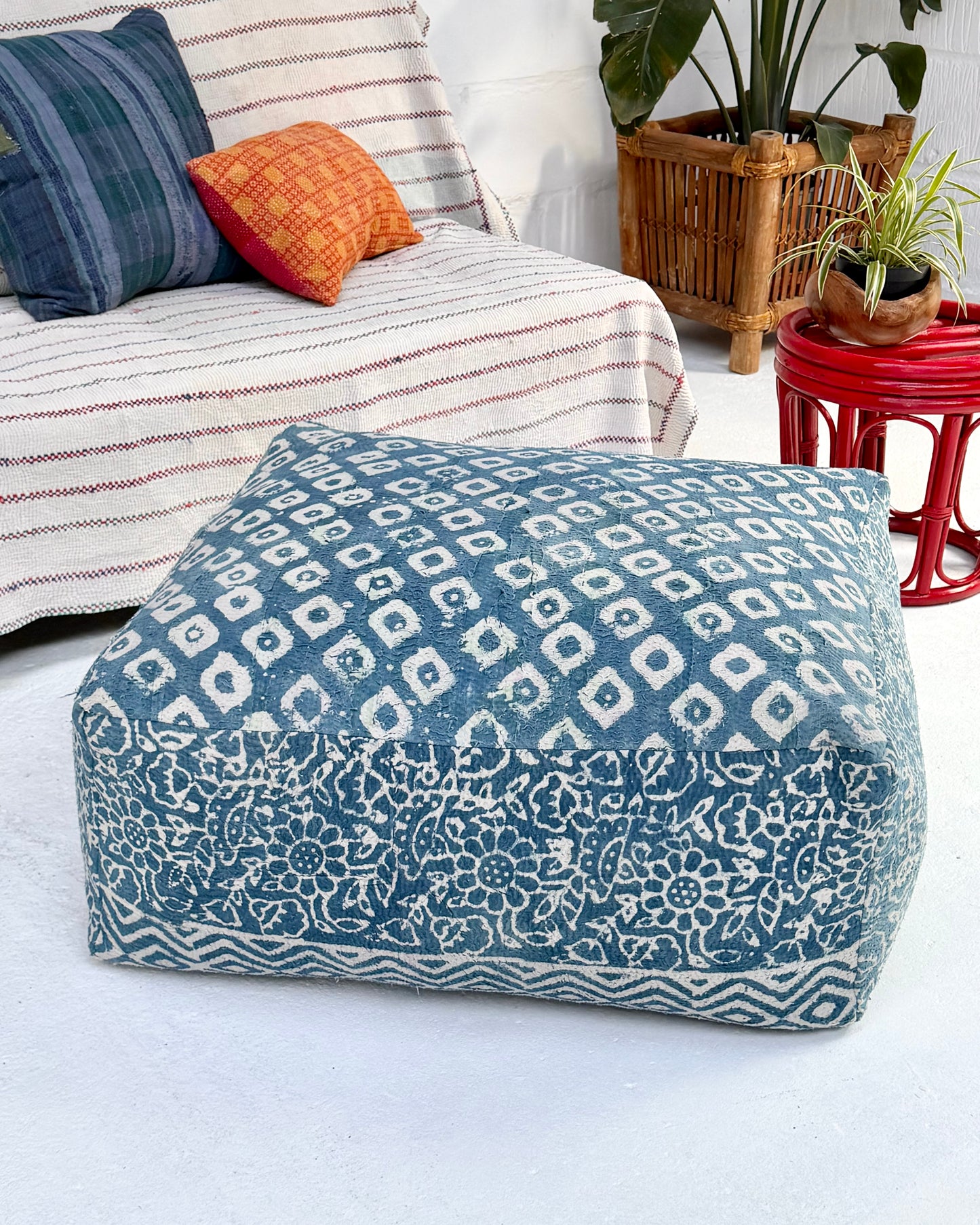 Extra Large Square Kantha Pouf Cushion Cover in Indigo Block Print